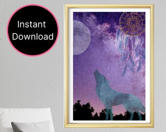 Howling Wolf Wall Art Print With Dreamcatcher - Printable Digital Instant Download