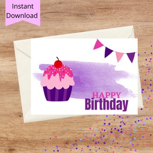 Printable Birthday Card Instant Download Cupcake 5x7 Greeting Card for ...