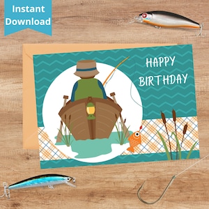 Printable Masculine Birthday Card - Instant Download 5x7 Fishing Card for Him