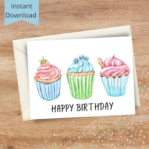 Printable Birthday Card - Instant Download Cupcake 5x7 Greeting Card