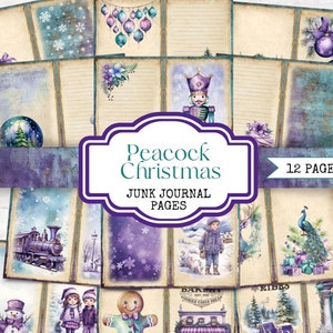 Lila und blaugrünes Weihnachts-Junk-Journal-Kit – Pfauen-Digital-Scrapbook-Papier – druckbare Ephemera für Journaling oder Kartengestaltung – JJ001