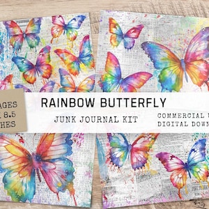 Journal papillon indésirable - éphémères arc-en-ciel colorés - papier imprimable journal peint à l'aquarelle grungy - Pages de scrapbooking numérique - JJ014