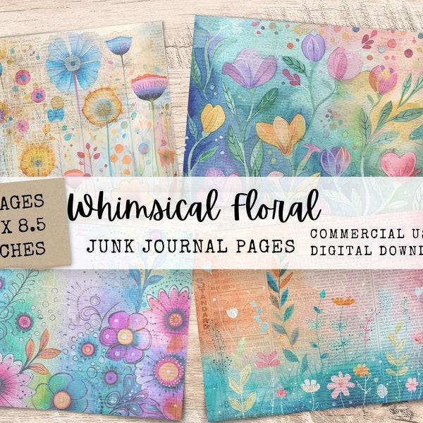 Whimsical Floral Junk Journal with Abstract Doodle Flowers on Newspaper Printable Paper - 8 Digital Scrapbook Ephemera Pages - JJ016