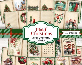 May include: Twelve printable pages featuring a plaid Christmas theme. The pages include images of a Christmas tree, a snowman, penguins, a train, a gingerbread house, a wreath, ornaments, candles, and a calendar. The pages are designed for use in junk journals.