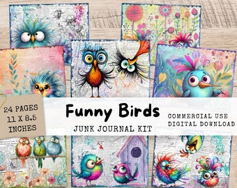 May include: A digital junk journal kit featuring 24 pages of whimsical illustrations of colorful birds with funny expressions. The kit includes the text "Funny Birds" and "Junk Journal Kit".
