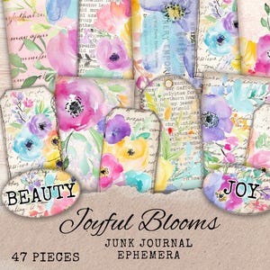 Colorful Floral Ephemera - Printable Bright Flower Tags and Cards for Junk Journal - Digital Collage Pieces