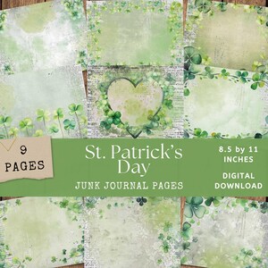 Grungy St Patrick's Day Papers - 9 pagine stampabili di diario di spazzatura rovinata con trifoglio e trifoglio - Ephemera di album digitale irlandese
