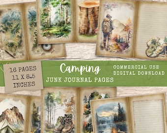 Op de afbeelding: Een verzameling van 16 pagina's met een campingthema voor junk journals, elk met een afmeting van 27,9 x 21,6 cm. De pagina's bevatten aquarel illustraties van kaarten, bossen, bergen en kampeermateriaal. Het woord "Camping" staat in het midden.