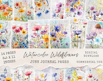 Wildflowers Junk Journal Pages - 14 Printable Floral Papers with Colorful Watercolor Flowers on Newspaper Digital Scrapbook Ephemera - JJ028