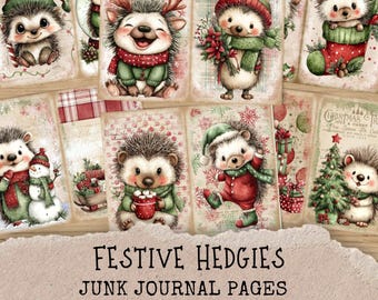 May include: A collection of seven junk journal pages featuring adorable cartoon hedgehogs in festive holiday attire. The pages showcase hedgehogs wearing hats, scarves, and holding gifts, with text that reads "Festive Hedgies" and "Junk Journal Pages".