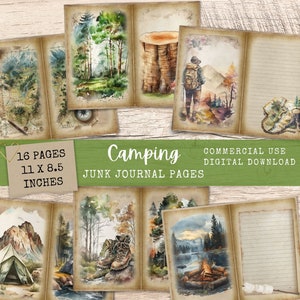 Papier pour carnet de bord de camping - 16 pages de scrapbooking numérique, feuille de collage imprimable aquarelle nature éphémère pour créations en papier - JJ019