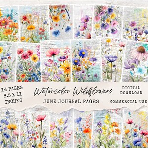 Wildflowers Junk Journal Pages - 14 carte floreali stampabili con fiori colorati ad acquerello su giornale Digital Scrapbook Ephemera - JJ028
