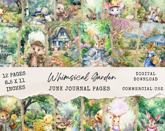 Nyckfulla trädgårdsskräpdagbokssidor - 12 utskrivbara papper med söta djur i kläder - Beatrix Potter digital klippbok, efemera - JJ029