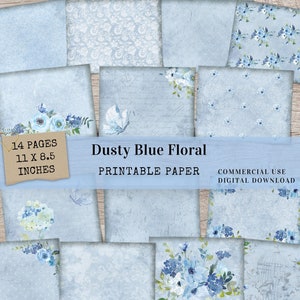 Papel de diário floral azul empoeirado - 14 páginas de scrapbook de flores digitais gastas folha de colagem de coisas efêmeras imprimíveis para artesanato em papel - JJ026