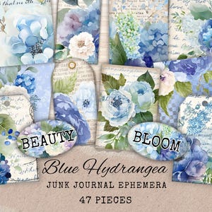 Puede incluir: Una colección de efímeras con temática de hortensias azules para diarios basura. El conjunto incluye etiquetas y tarjetas con diseños florales en acuarela, texto y las palabras "BEAUTY" y "BLOOM". También se ve el texto "Blue Hydrangea" y "47 PIECES".