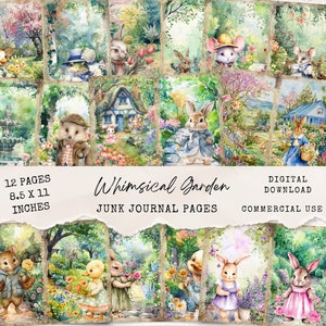 Whimsical Garden Junk Journal Pages - 12 Printable Papers with Cute Animals in Clothes - Beatrix Potter Digital Scrapbook Ephemera - JJ029