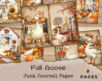 Fall Goose Junk Journal Pages - 9 Printable Autumn Harvest Papers - Whimsical Digital Journal Kit - Instant Download