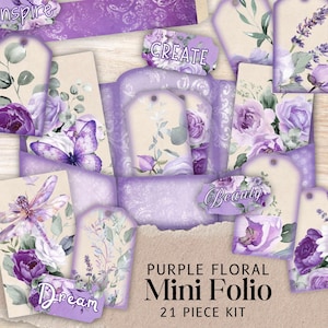 Kit Mini Fólio Floral Roxo - Diário de Flores Imprimível com Bolsos e Etiquetas