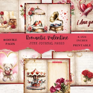 Valentine Junk Journal Kit - Romantische Liebe Digitales Scrapbook Papier - Druckbare Rot und Gold Ephemera Seiten