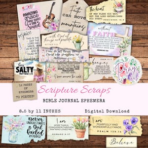 Puede incluir: Una colección de 70 piezas de efímera con temas de las escrituras en 12 páginas, con ilustraciones florales, acentos de acuarela y versículos bíblicos inspiradores. La descarga digital incluye varios trozos de papel rectangulares y circulares.