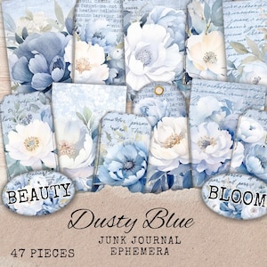 Dusty Blue Floral Ephemera - Printable Tags and Cards for Junk Journal - Digital Collage Pieces