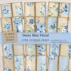 Papel de diário floral azul empoeirado - 12 páginas de scrapbook de flores digitais gastas folha de colagem de coisas efêmeras imprimíveis para artesanato em papel - JJ026