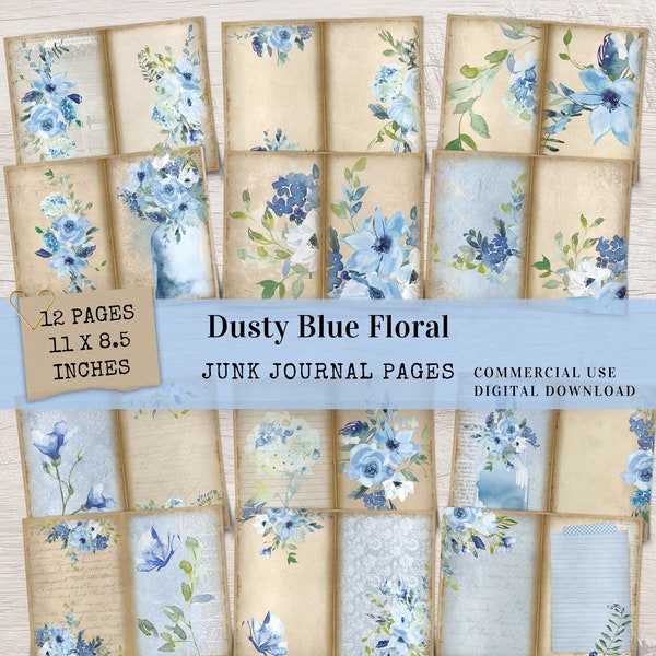 Dusty Blue Floral Junk Journal Paper - 12 Digital Shabby Flower Scrapbook Pages Printable Ephemera Collage Sheet for Paper Craft - JJ026