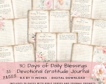 Devotional Gratitude Journal - 30 Days of Daily Blessings Bible Verse Prompts - Christian Faith Journal - Floral Themed