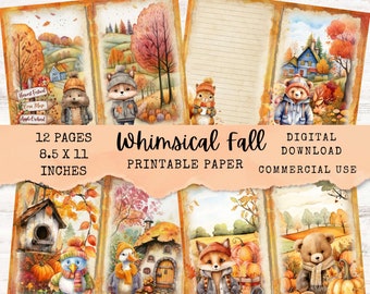 May include: Twelve printable pages featuring whimsical fall illustrations. Each page is 8.5 inches by 11 inches and features a different animal, including a fox, a bear, a duck, and a squirrel. The pages are perfect for scrapbooking, card making, or other craft projects.