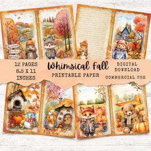 May include: Twelve printable pages featuring whimsical fall illustrations. Each page is 8.5 inches by 11 inches and features a different animal, including a fox, a bear, a duck, and a squirrel. The pages are perfect for scrapbooking, card making, or other craft projects.