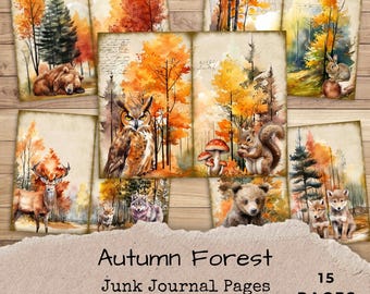 Woodland Animals Junk Journal Pages - Fall Forest Printable Paper - Autumn Wildlife Journal Kit