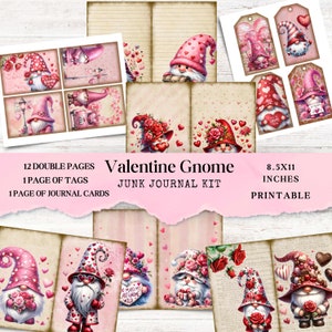 Valentine Junk Journal Kit - Gnome Digital Scrapbook Paper - Printable Love Ephemera Pages with Tags & Journal Cards