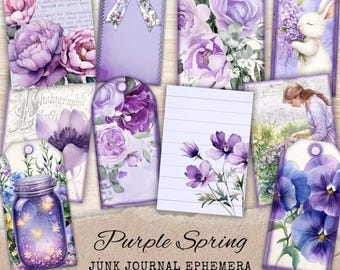 May include: A collection of purple-themed junk journal ephemera, including tags, floral illustrations, and backing papers. The designs feature watercolor flowers, a rabbit, and a woman in a garden. The text "Purple Spring" and "88 Pieces" are visible.