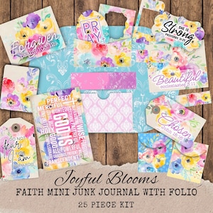 Faith Folio with Mini Junk Journal Kit - Colorful Christian Floral Folio with Tags, Envelopes, and Ephemera Pockets