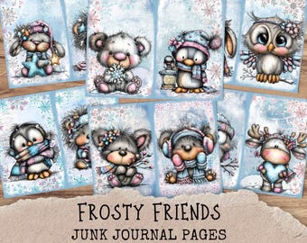 Op de afbeelding: Negen junk journal pagina's met "Frosty Friends" karakters. Elke pagina toont een ander winterdier, waaronder een konijn, een beer, een pinguïn en een uil, allemaal gekleed in winterkleding. De pagina's hebben een lichtblauwe achtergrond met sneeuwvlokken.