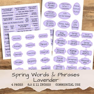 Vårord och fraser lavendel - Utskrivbara Ephemera Sentiment Scraps för skräpjournal