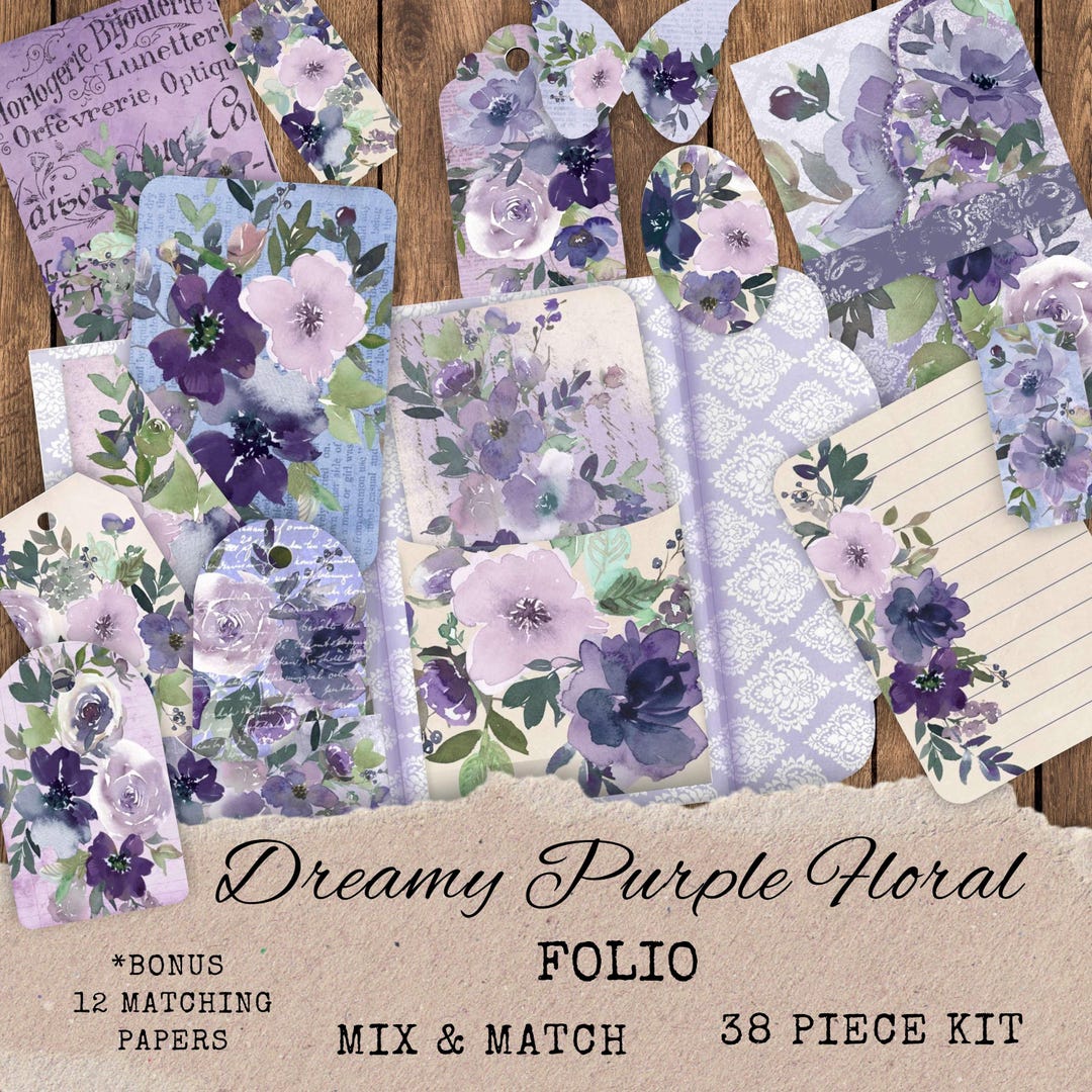 Floral Junk Journal Folio Kit - Purple Watercolor Printable Pockets ...