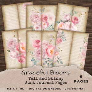 Può includere: Una collezione di nove pagine di diario spazzatura alte e sottili. Le pagine presentano un design vintage con motivi floreali rosa e crema. Il testo "Graceful Blooms" è visibile, insieme alle dimensioni 21,59 x 27,94 cm.