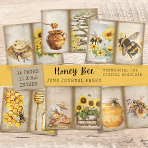 Honey Bee Junk Journal Kit - 15 afdrukbare pagina's - Digital Scrapbook Paper Pack DIY Ephemera voor Journaling of Card Making - JJ018