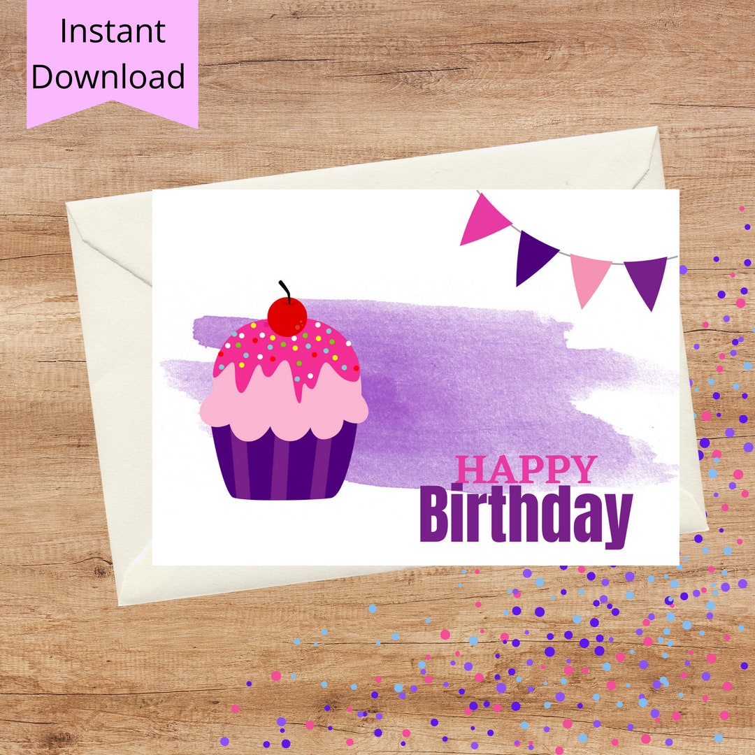 Printable Birthday Card Instant Download Cupcake 5x7 Greeting Card for ...