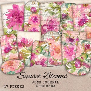Watercolor Floral Ephemera - Printable Bright Flower Tags and Cards for Junk Journal - Colorful Flower Digital Collage Pieces