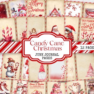 Christmas Junk Journal Kit - Peppermint Candy Cane Digital Scrapbook Paper - Printable Ephemera for Card Making, Mixed Media Crafts - JJ009