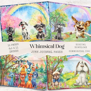Whimsical Dogs Junk Journal Kit - Páginas coloridas peculiares - Papel para scrapbook digital - Ephemera para impressão