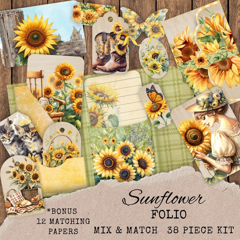 Sunflower Junk Journal Folio Kit - Botanical Floral Printable Pockets ...