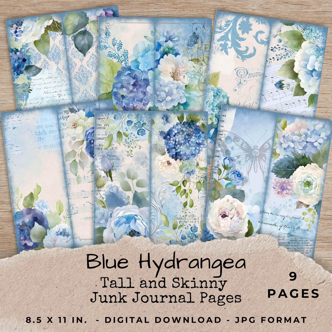 Floral Junk Journal Pages: Tall Skinny Hydrangea Paper (digital ...