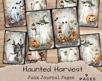 May include: A collection of nine vintage-style junk journal pages with a Halloween theme. Each page features a ghostly figure, pumpkins, bats, and floral elements. The pages are 8.5 x 11 inches and are a digital download in JPG format. The text reads "Haunted Harvest".
