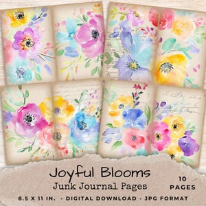 Colorful Floral Junk Journal Pages - 10 Printable Papers with Bright Watercolor Flowers - Digital Collage Sheets Scrapbook Ephemera