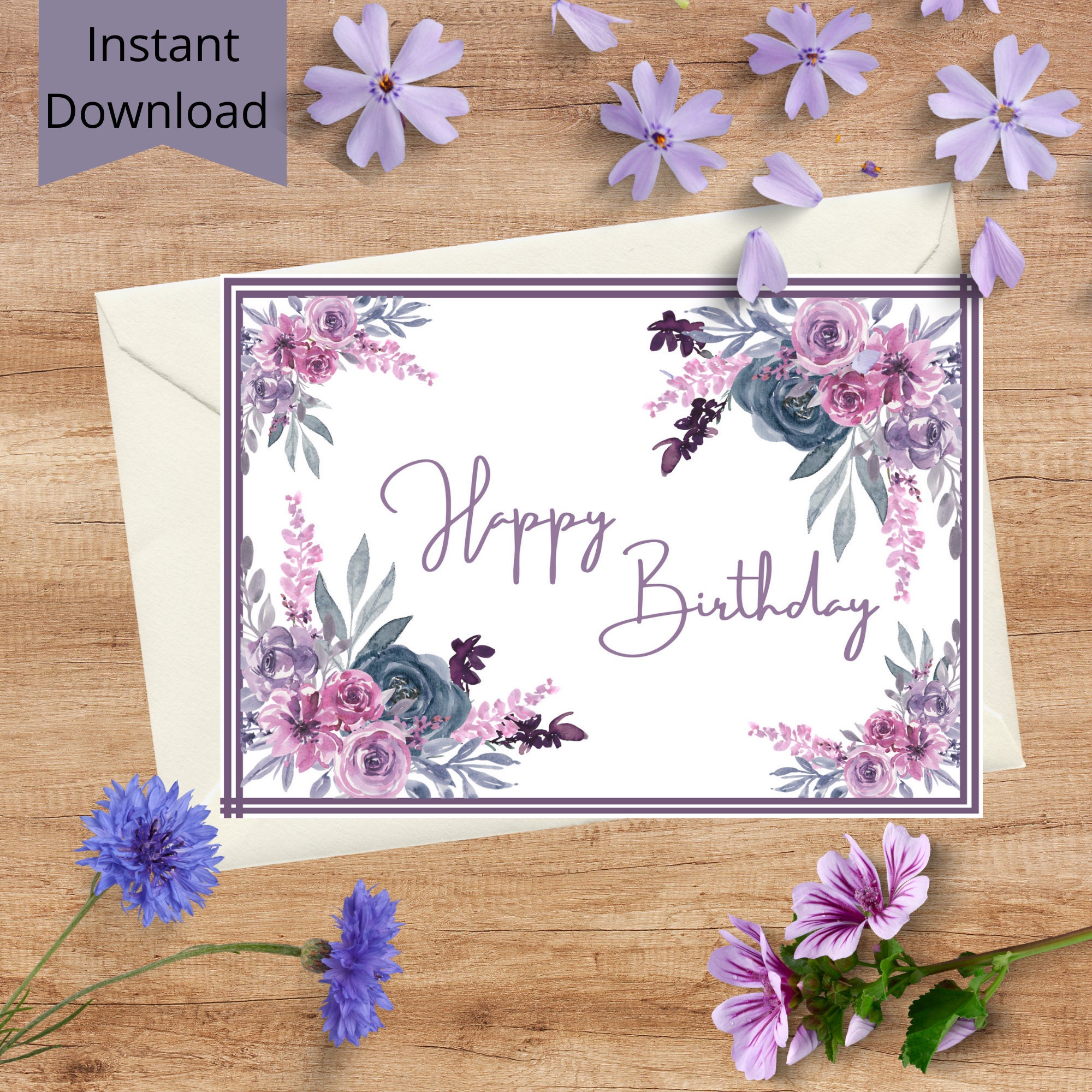 Printable Birthday Card Instant Download Purple Floral 5x7 | Etsy