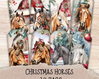 Horse Christmas Gift Tags - Set of 12 Printable Holiday Farm Junk Journal Ephemera