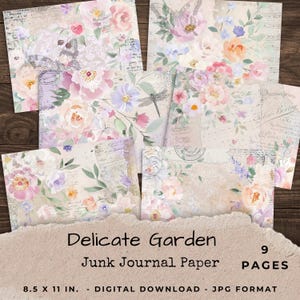 Grungy Floral Junk Journal Pages - 9 Printable Papers with Watercolor Flowers - Digital Collage Sheets Scrapbook Ephemera